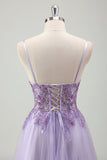 Sparkly viola A-Line Spaghetti Straps corsetto lungo Prom Dress con applicazioni