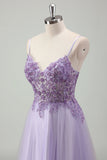 Sparkly viola A-Line Spaghetti Straps corsetto lungo Prom Dress con applicazioni