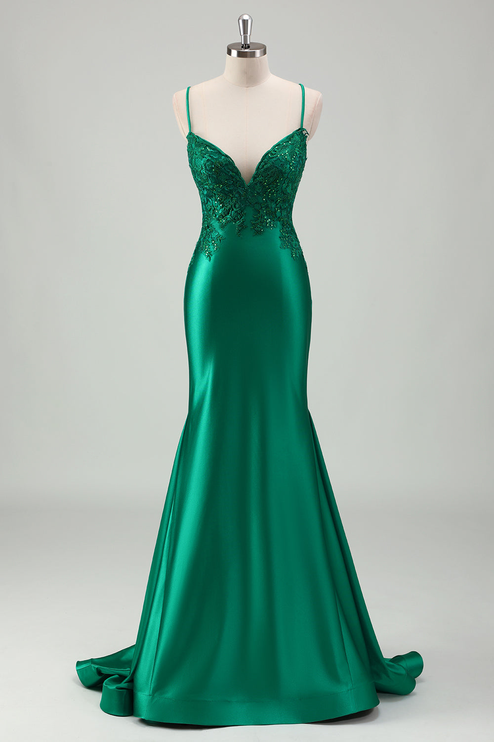 Scintillante verde sirena spaghetti spalline raso lungo abito da ballo con applique
