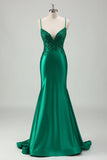 Scintillante verde sirena spaghetti spalline raso lungo abito da ballo con applique