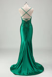 Scintillante verde sirena spaghetti spalline raso lungo abito da ballo con applique