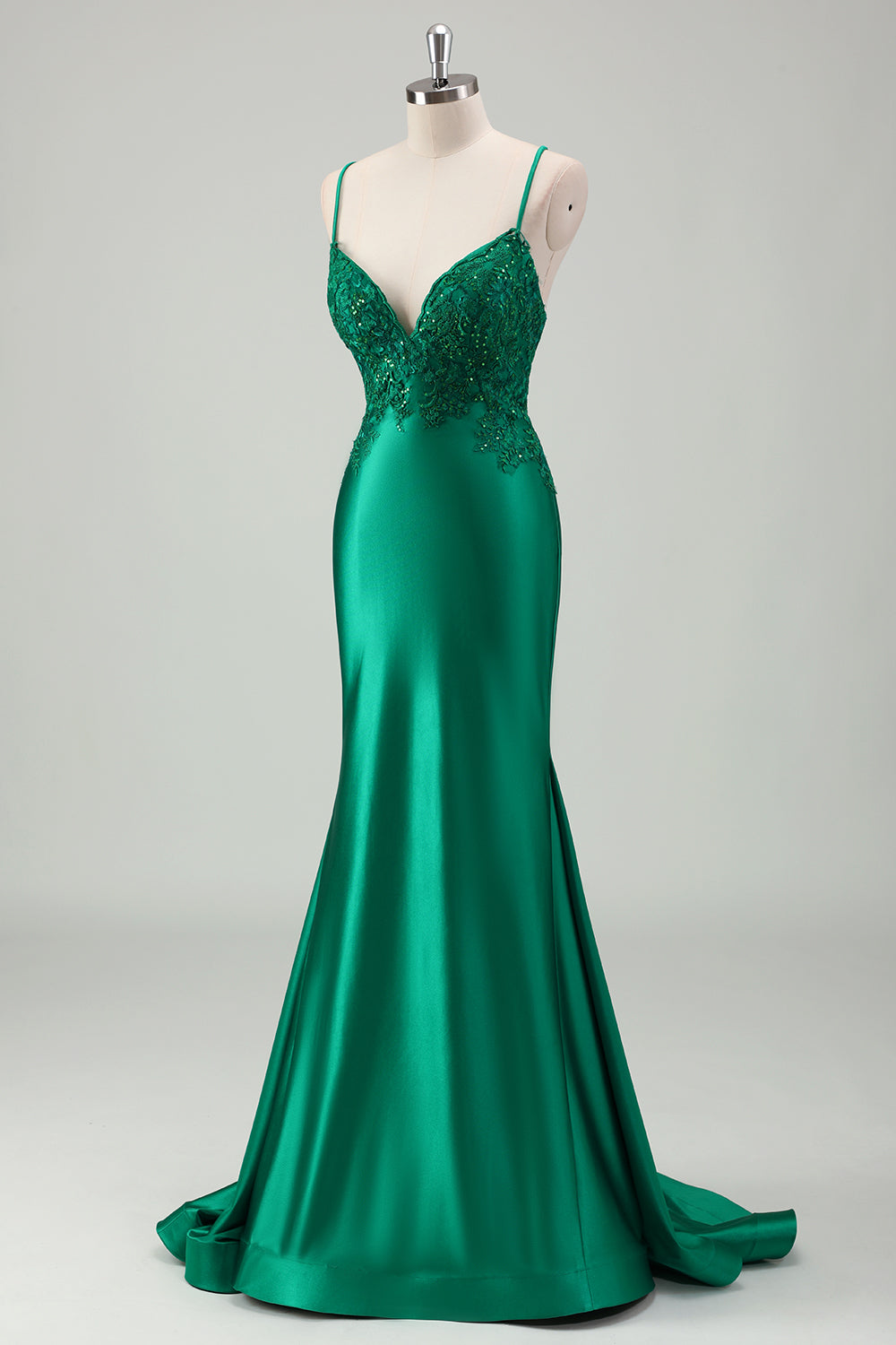 Scintillante verde sirena spaghetti spalline raso lungo abito da ballo con applique