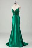 Scintillante verde sirena spaghetti spalline raso lungo abito da ballo con applique