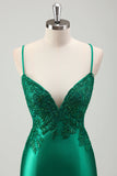 Scintillante verde sirena spaghetti spalline raso lungo abito da ballo con applique