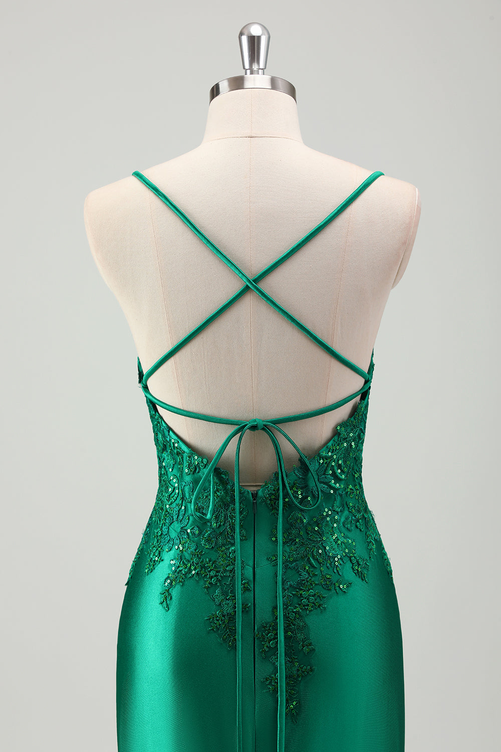 Scintillante verde sirena spaghetti spalline raso lungo abito da ballo con applique