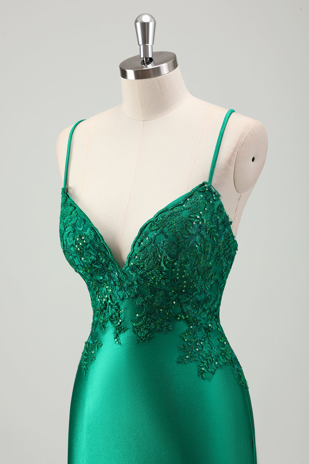 Scintillante verde sirena spaghetti spalline raso lungo abito da ballo con applique