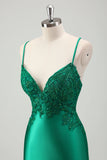 Scintillante verde sirena spaghetti spalline raso lungo abito da ballo con applique
