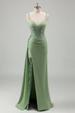 Scintillante verde chiaro sirena spaghetti spalline Appliques lungo abito da ballo con fessura