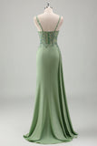 Scintillante verde chiaro sirena spaghetti spalline Appliques lungo abito da ballo con fessura