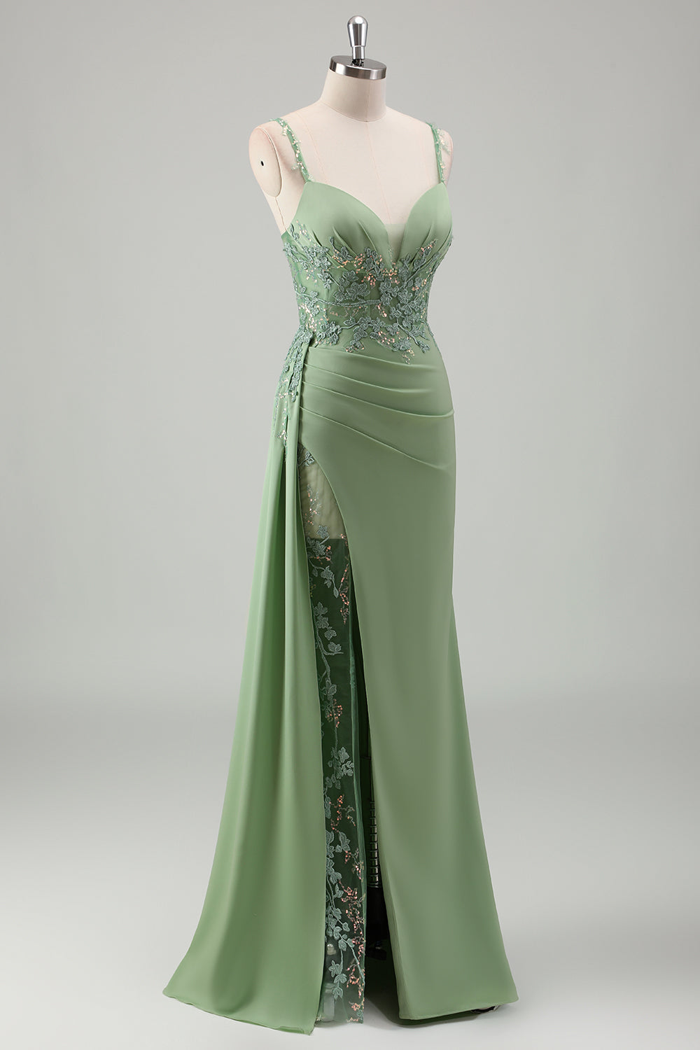 Scintillante verde chiaro sirena spaghetti spalline Appliques lungo abito da ballo con fessura