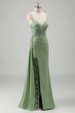 Scintillante verde chiaro sirena spaghetti spalline Appliques lungo abito da ballo con fessura