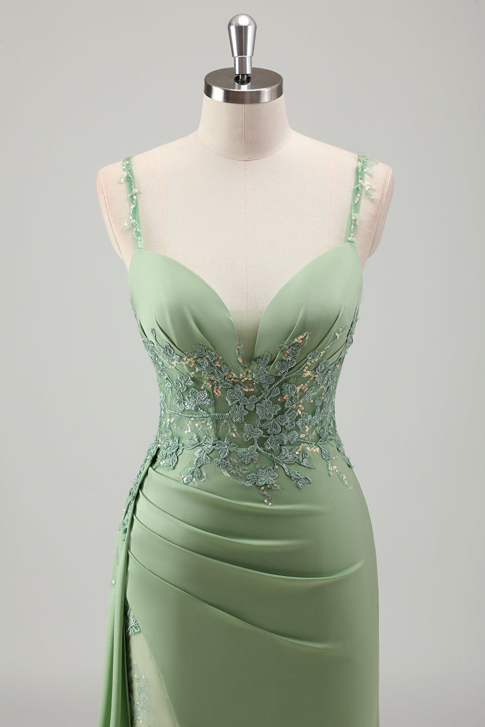 Scintillante verde chiaro sirena spaghetti spalline Appliques lungo abito da ballo con fessura