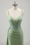 Scintillante verde chiaro sirena spaghetti spalline Appliques lungo abito da ballo con fessura