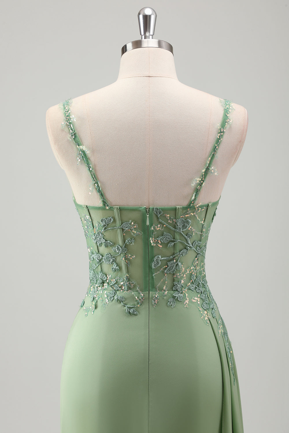 Scintillante verde chiaro sirena spaghetti spalline Appliques lungo abito da ballo con fessura