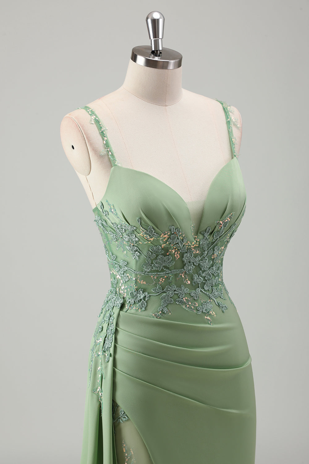 Scintillante verde chiaro sirena spaghetti spalline Appliques lungo abito da ballo con fessura