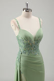 Scintillante verde chiaro sirena spaghetti spalline Appliques lungo abito da ballo con fessura