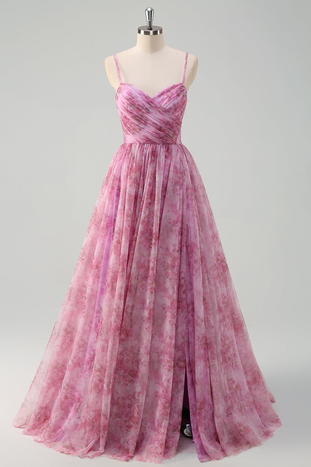 Rosato viola A-Line floreale Spaghetti Straps lungo Abito da cerimonia con fessura