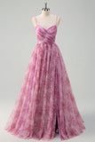 Rosato viola A-Line floreale Spaghetti Straps lungo Abito da cerimonia con fessura
