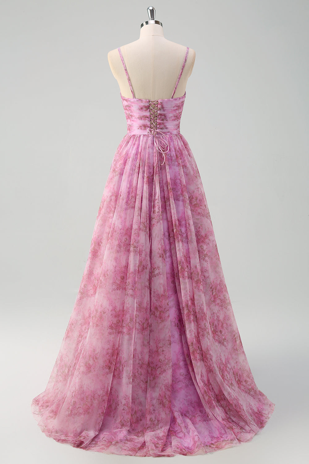 Rosato viola A-Line floreale Spaghetti Straps lungo Abito da cerimonia con fessura
