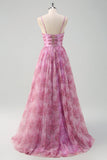 Rosato viola A-Line floreale Spaghetti Straps lungo Abito da cerimonia con fessura