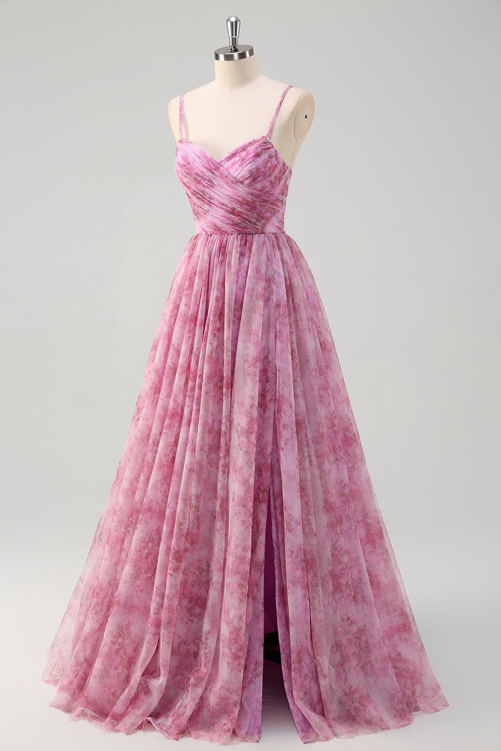 Rosato viola A-Line floreale Spaghetti Straps lungo Abito da cerimonia con fessura