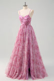 Rosato viola A-Line floreale Spaghetti Straps lungo Abito da cerimonia con fessura