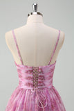 Rosato viola A-Line floreale Spaghetti Straps lungo Abito da cerimonia con fessura