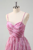 Rosato viola A-Line floreale Spaghetti Straps lungo Abito da cerimonia con fessura