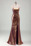 Metallic Gold Mermaid Spaghetti Straps increspato lungo Prom Dress con fessura