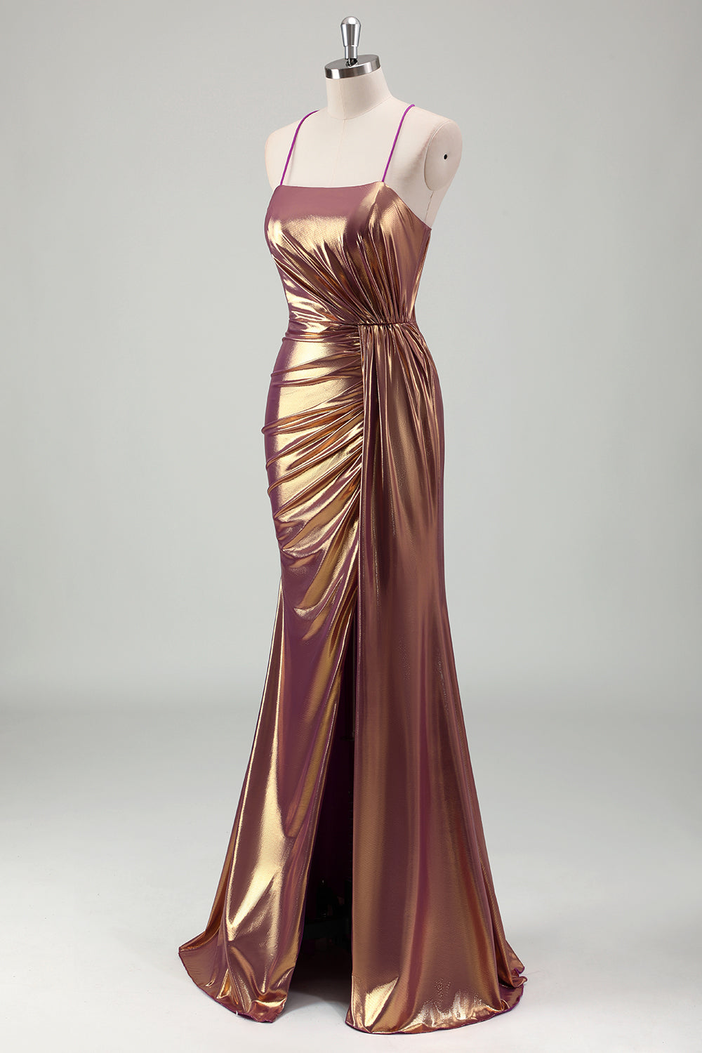 Metallic Gold Mermaid Spaghetti Straps increspato lungo Prom Dress con fessura