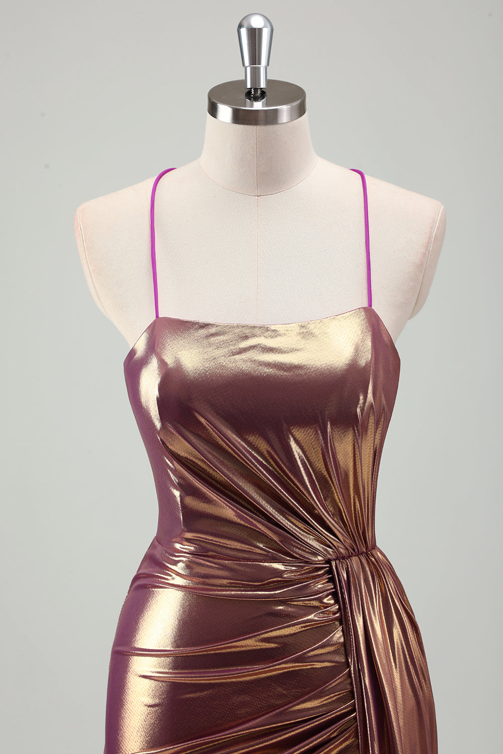 Metallic Gold Mermaid Spaghetti Straps increspato lungo Prom Dress con fessura