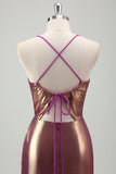 Metallic Gold Mermaid Spaghetti Straps increspato lungo Prom Dress con fessura