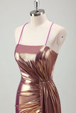 Metallic Gold Mermaid Spaghetti Straps increspato lungo Prom Dress con fessura
