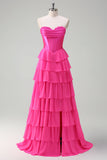 Fucsia A Line senza spalline corsetto Tiered Abito da cerimonia con volant