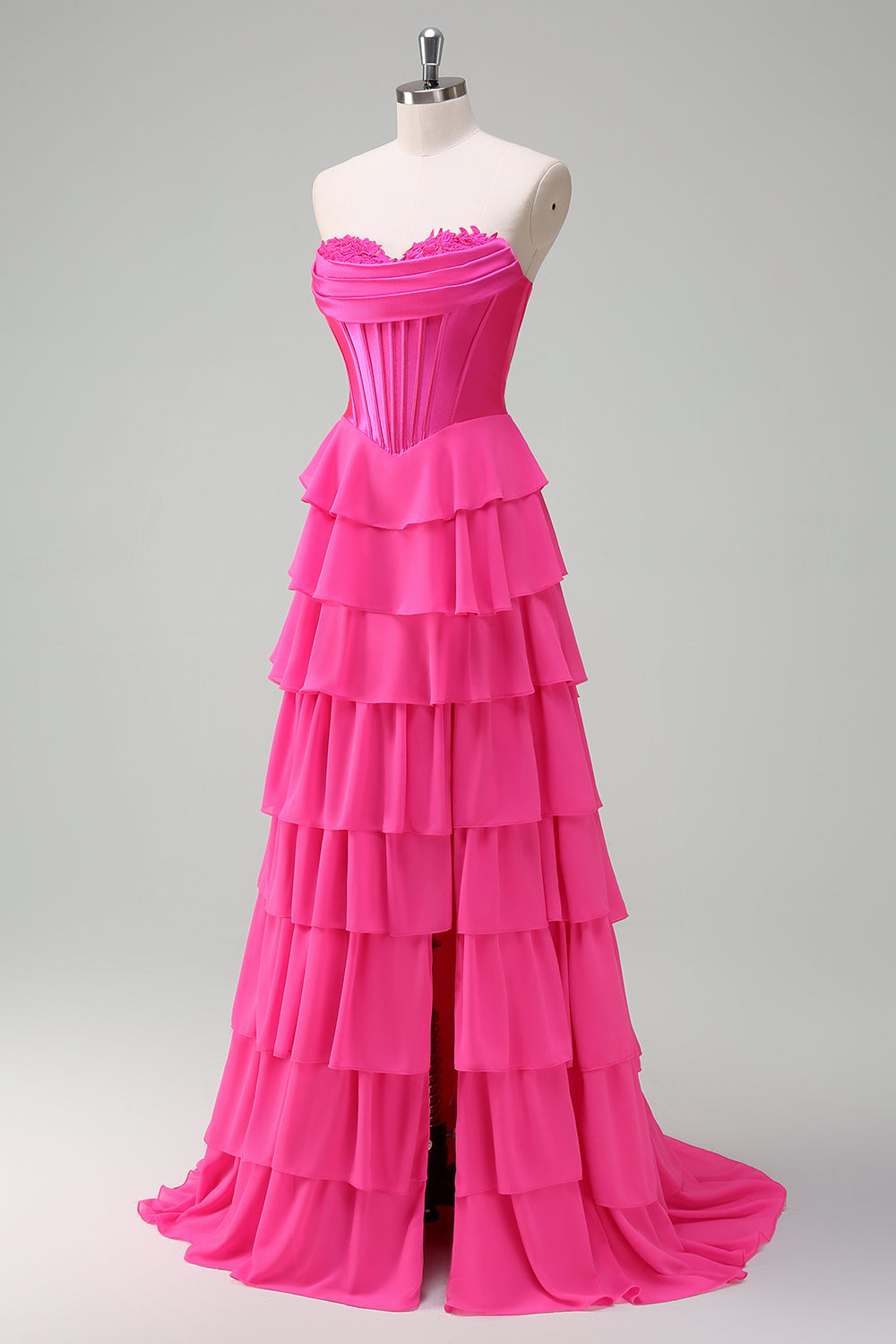 Fucsia A Line senza spalline corsetto Tiered Abito da cerimonia con volant