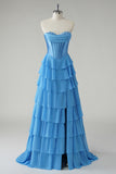 Fucsia A Line senza spalline corsetto Tiered Abito da cerimonia con volant