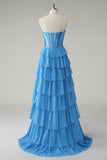 Fucsia A Line senza spalline corsetto Tiered Abito da cerimonia con volant