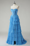 Fucsia A Line senza spalline corsetto Tiered Abito da cerimonia con volant