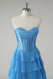 Fucsia A Line senza spalline corsetto Tiered Abito da cerimonia con volant