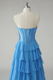 Fucsia A Line senza spalline corsetto Tiered Abito da cerimonia con volant