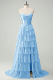 Fucsia A Line senza spalline corsetto Tiered Abito da cerimonia con volant