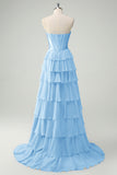 Fucsia A Line senza spalline corsetto Tiered Abito da cerimonia con volant