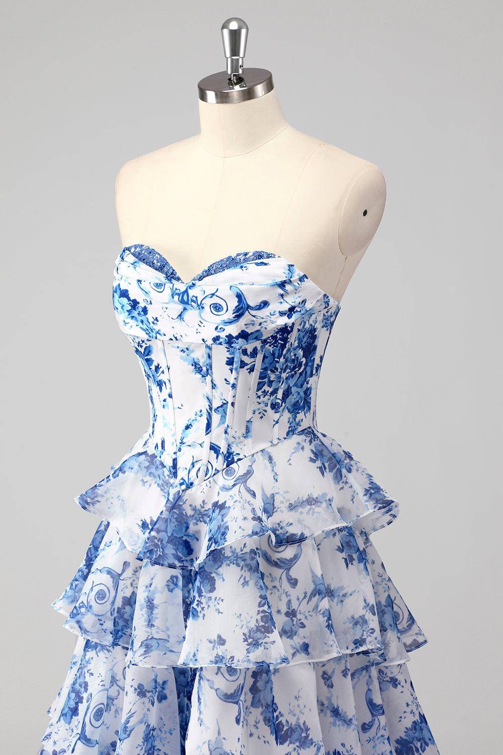 Blu Fiore Bianco Abito lungo da cerimonia a strati con scollo a cuore a trapezio e spacco