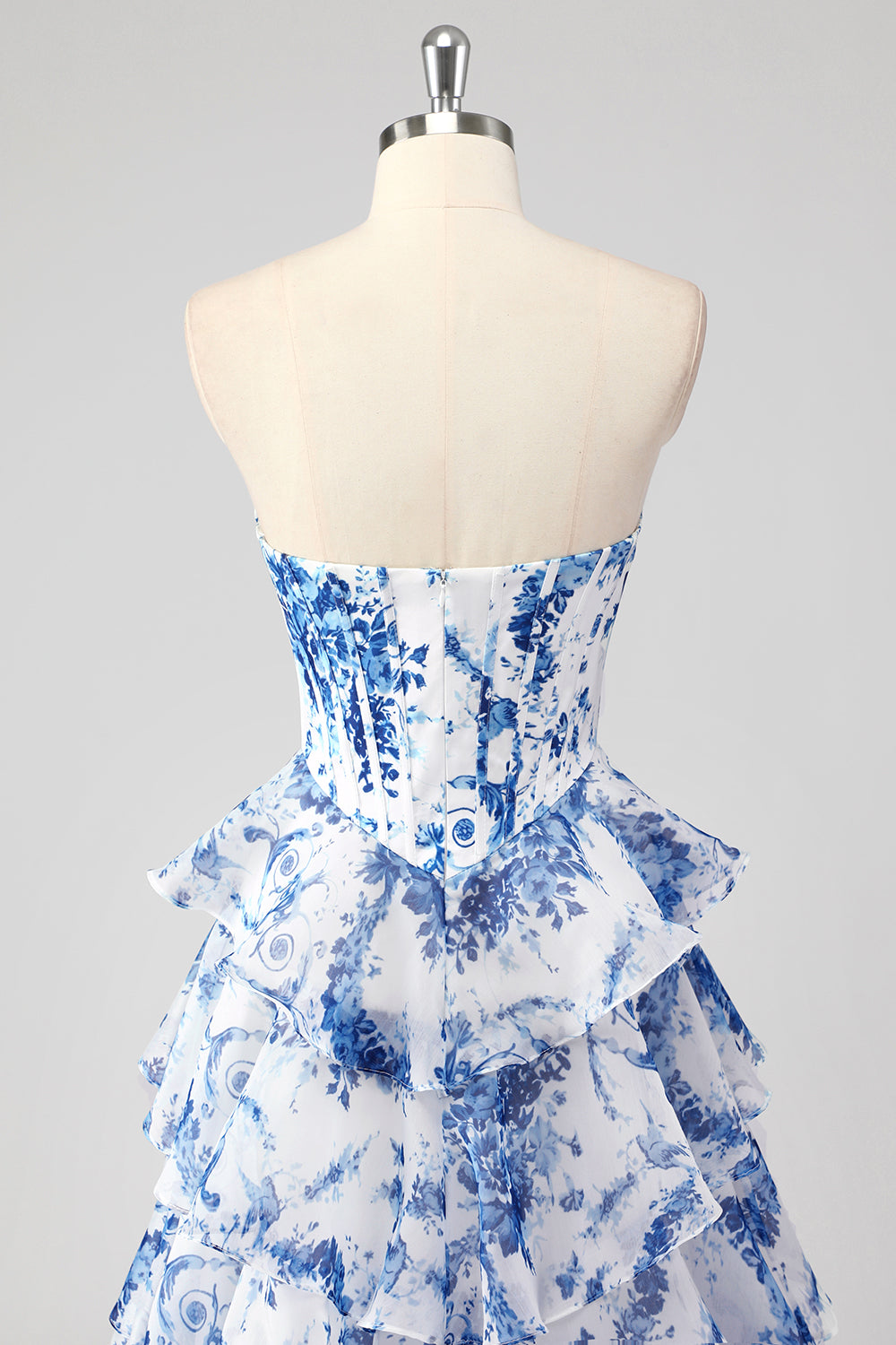 Blu Fiore Bianco Abito lungo da cerimonia a strati con scollo a cuore a trapezio e spacco