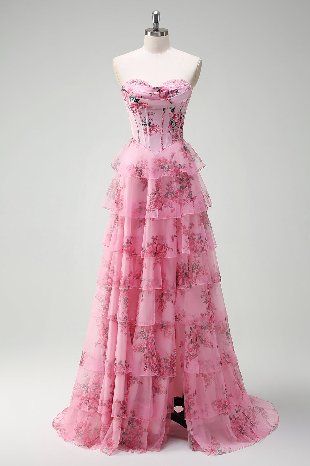 Floreale A Line corsetto senza spalline Tiered Blush Abito da cerimonia con fessura
