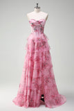 Floreale A Line corsetto senza spalline Tiered Blush Abito da cerimonia con fessura