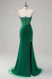 Royal Blue Corsetto Mermaid Slit Abito da cerimonia lungo con perline