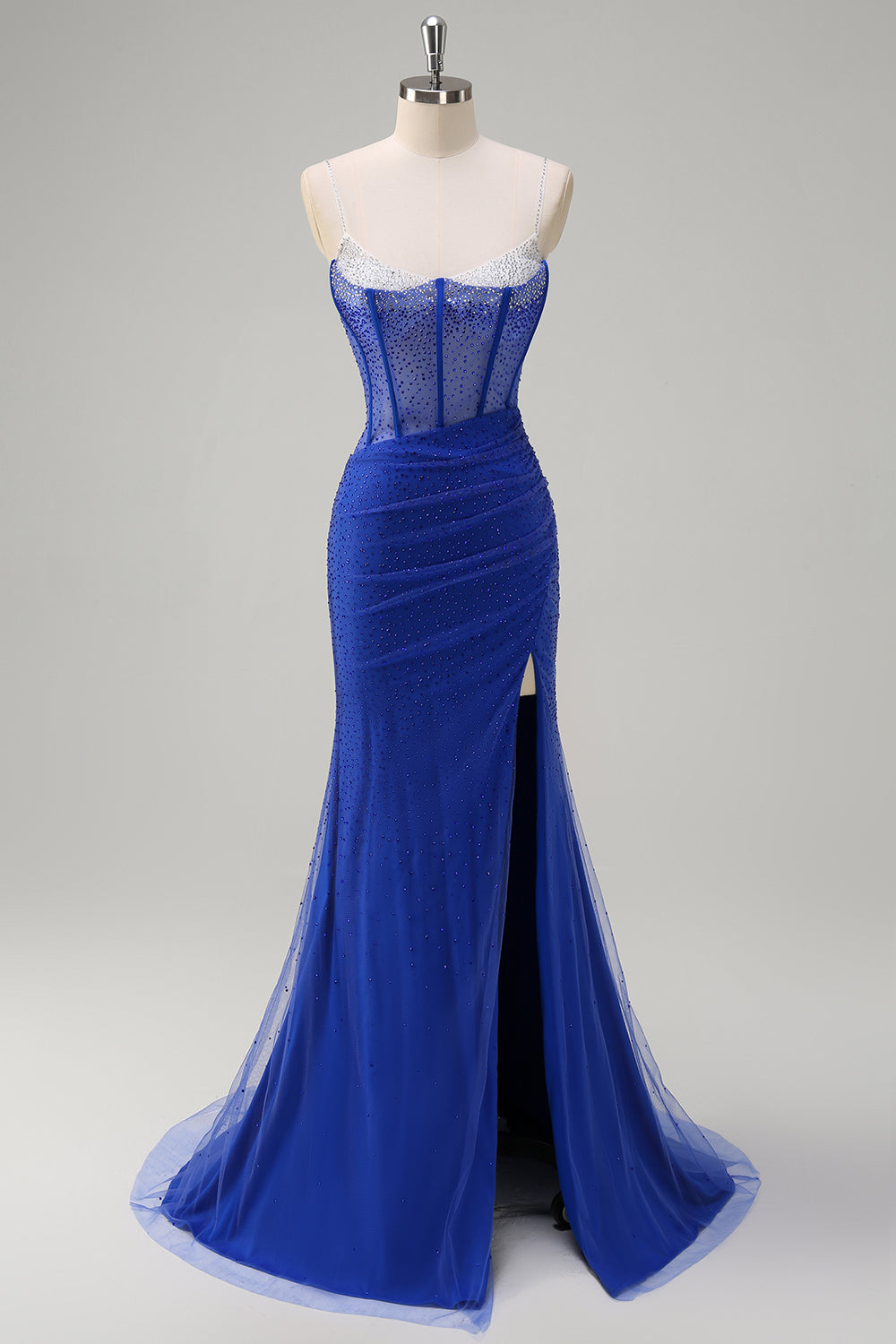Royal Blue Corsetto Mermaid Slit Abito da cerimonia lungo con perline