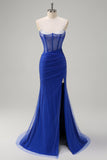 Royal Blue Corsetto Mermaid Slit Abito da cerimonia lungo con perline
