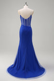 Royal Blue Corsetto Mermaid Slit Abito da cerimonia lungo con perline